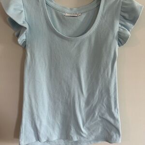 SO Sky Blue Ribbed ruffle sleeve Top